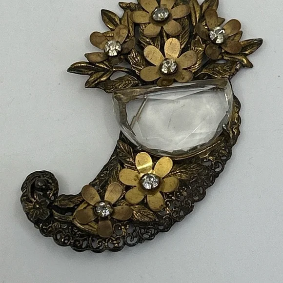 Antique Crystal Brass Faceted Glass Floral Huge Cornucopia Brooch Rare Statement